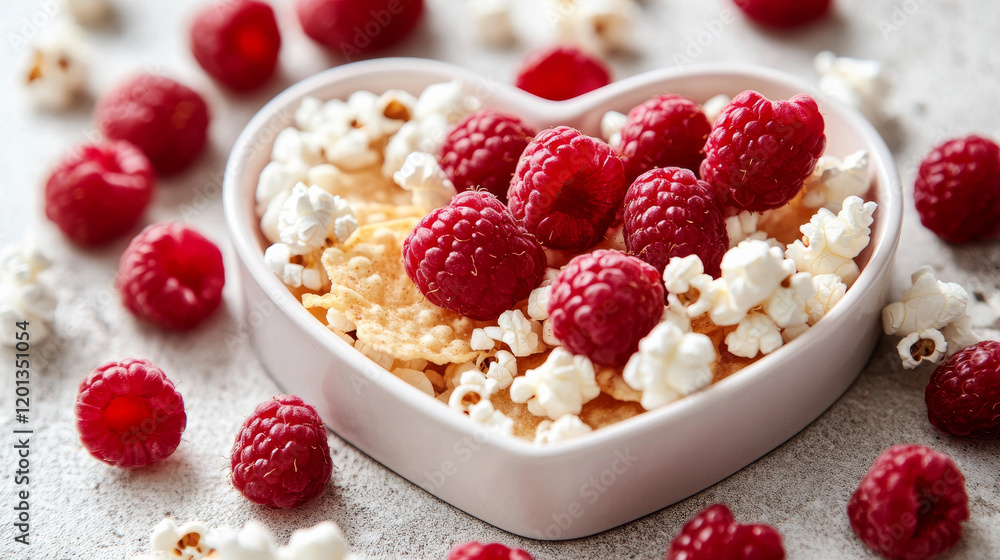 Heart-shaped plate with snacks like chips, berries, and popcorn on a white background for Valentine's Day Heart-shaped plate with snacks like chips, berries, and popcorn on a white background for Valentine's Day