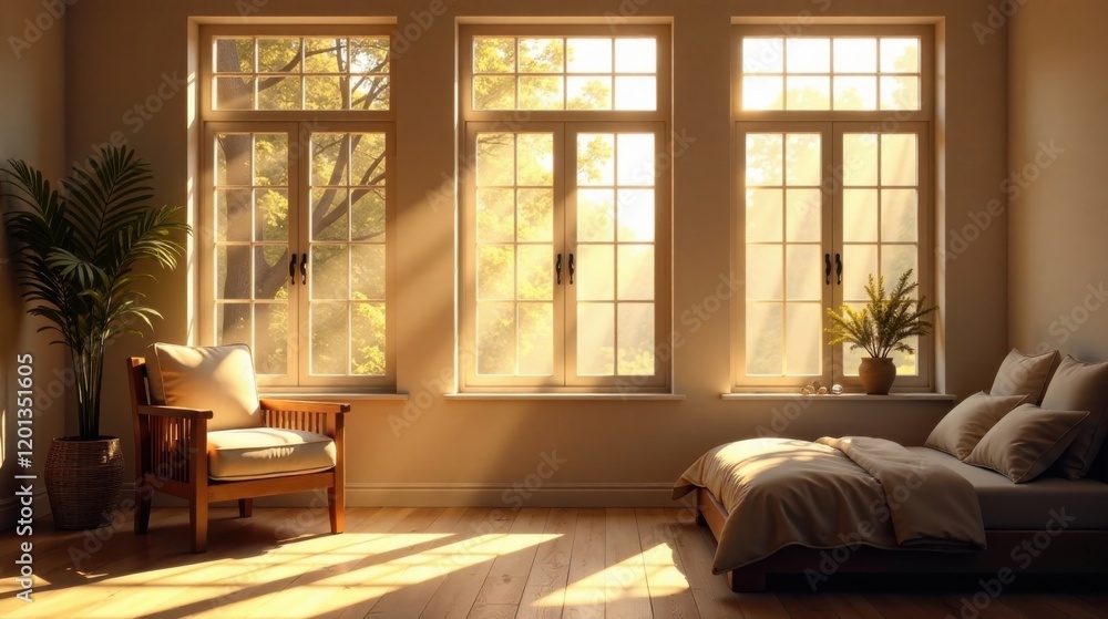 Naklejka premium Serene morning sunlight streams through large windows illuminating a minimalist bedroom with a comfortable chair and a neatly made bed