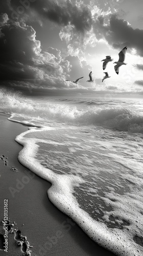 Waves crashing on a sandy beach under a dramatic sky filled with clouds and s...