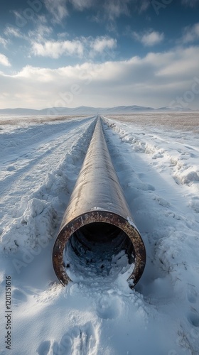 Long abandoned pipeline stretches across a snowy winter landscape under a cle...
