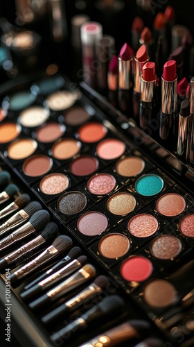 Colorful makeup palette displayed in a professional beauty kit for creative a...