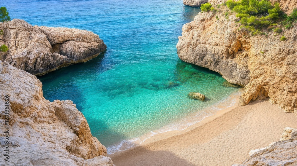 Stunning Coastal Cove with Crystal Clear Water and Golden Sand Beach. Perfect Vacation Destination. A Picturesque View of the Mediterranean Coastline. Stunning Coastal Cove with Crystal Clear Water and Golden Sand Beach. Perfect Vacation Destination. A Picturesque View of the Mediterranean Coastline.