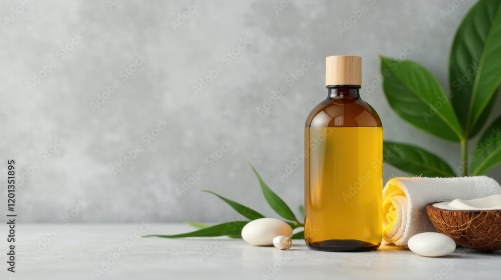 Amber bottle of essential oil with spa elements on a neutral background Amber bottle of essential oil with spa elements on a neutral background