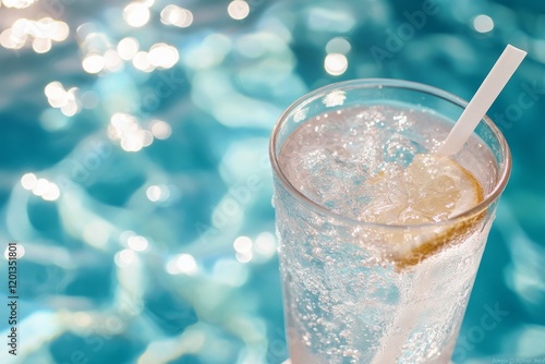 Refreshing glass of water with ice beside a shimmering pool on a sunny day