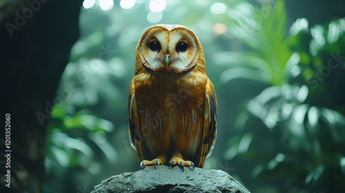 A majestic barn owl perched on a rock in a lush green forest. photo