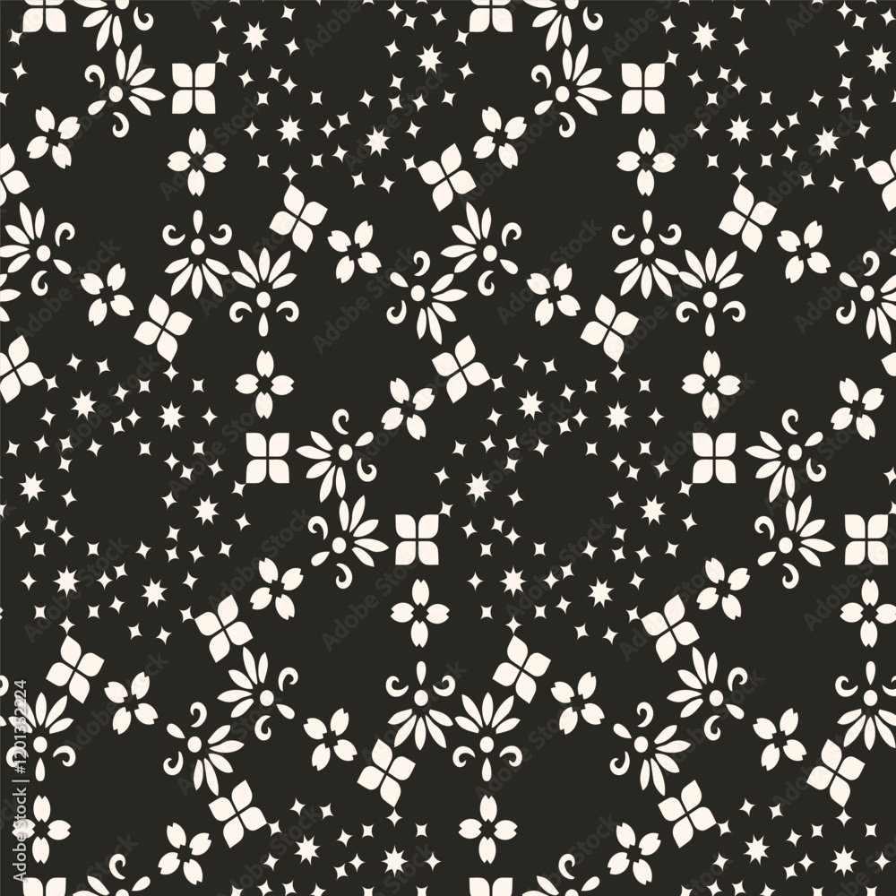 Minimalist seamless pattern. Vector geometric textures with small element, lines, flowers. Black and white minimal abstract background. Modern design Minimalist seamless pattern. Vector geometric textures with small element, lines, flowers. Black and white minimal abstract background. Modern design