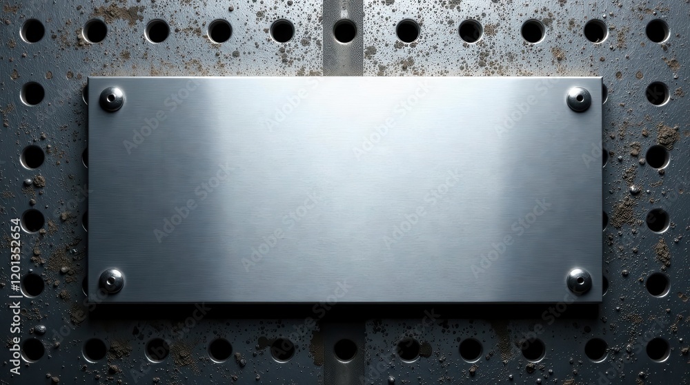 Blank Brushed Metal Plate Fastened to a Weathered Perforated Steel Background Ideal for Design Projects and Mockups