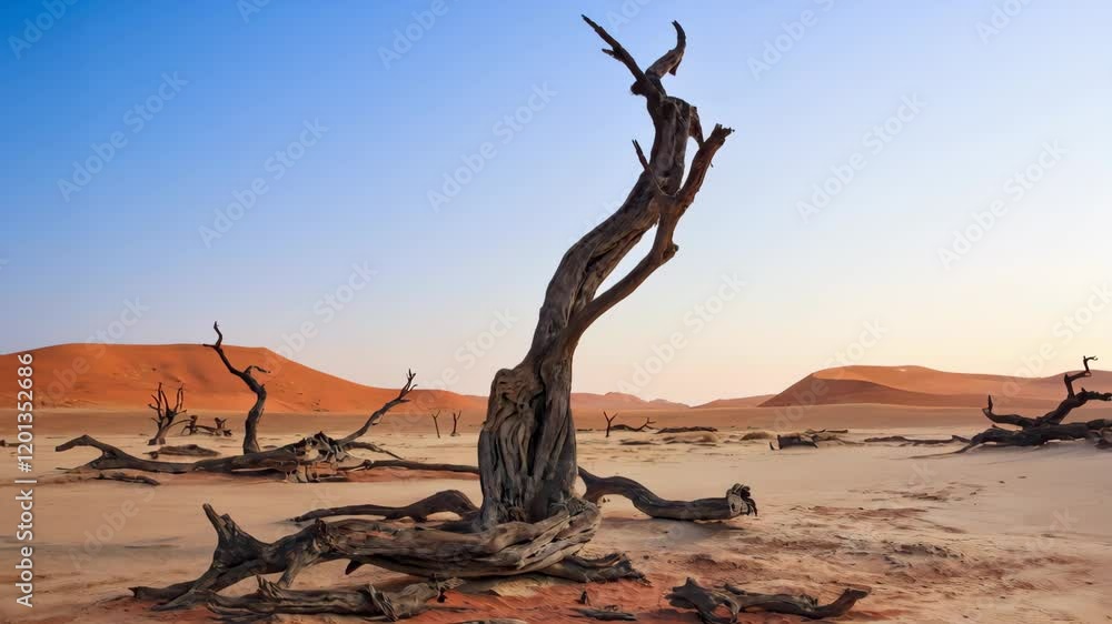 Deadvlei or Dead Vlei , a depression characterized by a layer of white sand located about 2 km by road from Sossusvlei. Namib-Naukluft National Park, Namibia. REAL PHOTO animated by AI Deadvlei or Dead Vlei , a depression characterized by a layer of white sand located about 2 km by road from Sossusvlei. Namib-Naukluft National Park, Namibia. REAL PHOTO animated by AI