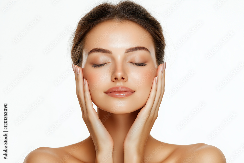 Closeup portrait of a young woman with flawless skin and subtle makeup. Her eyes are closed, and her hands gently touch her face. The image emphasizes her natural beauty and healthy complexion. Closeup portrait of a young woman with flawless skin and subtle makeup. Her eyes are closed, and her hands gently touch her face. The image emphasizes her natural beauty and healthy complexion.