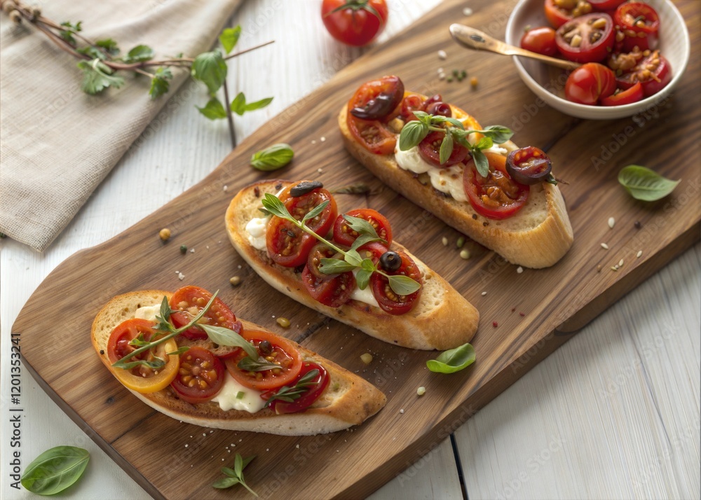 Overhead View of Sun-Dried Tomato Bruschetta on a Wooden Board – Delicious Appetizer Overhead View of Sun-Dried Tomato Bruschetta on a Wooden Board – Delicious Appetizer