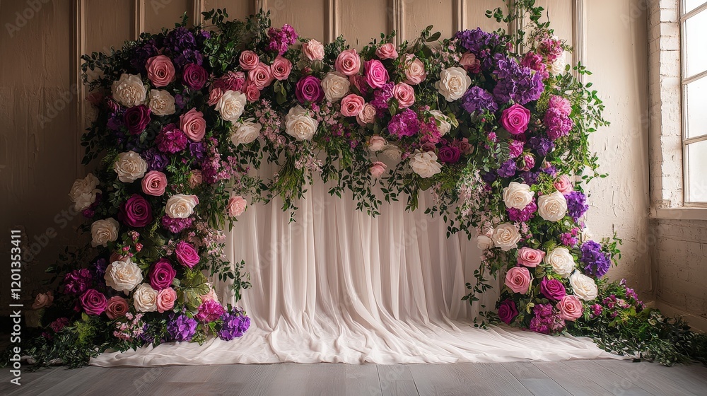 Fototapeta premium Beautiful Floral Backdrop Featuring Pink and Purple Roses for Wedding or Event Themes with Lush Greenery and Elegant Drapery
