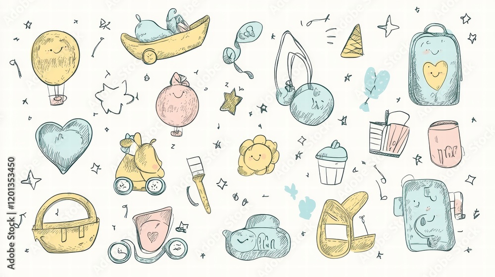 Fun and colorful doodles of various cheerful objects and characters on a light background. Generative AI Fun and colorful doodles of various cheerful objects and characters on a light background. Generative AI