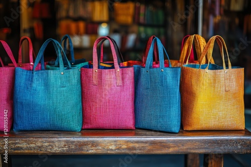 Vibrant handmade leather backpacks displayed at a market in Mexico