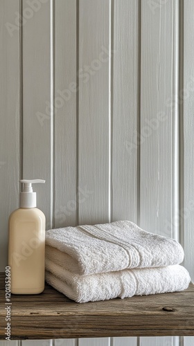 Soft towel and cream bottle on wooden table near window with flowers in a rus...
