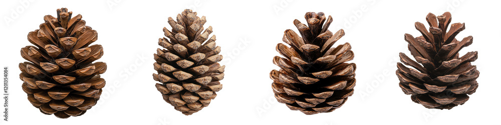 A set of detailed close up shots showcasing the intricate patterns textures and structures of various pine cones against a clean plain white background These natural A set of detailed close up shots showcasing the intricate patterns textures and structures of various pine cones against a clean plain white background These natural