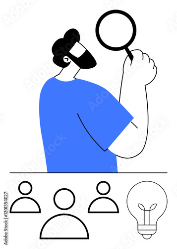 Man holding magnifying glass observes user profiles, paired with lightbulb signifying ideas, innovation. Ideal for recruitment, analysis, creativity, brainstorming, decision-making, problem-solving