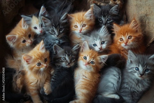 Cute kittens resting together in a cozy setting full of colors and fur at the...