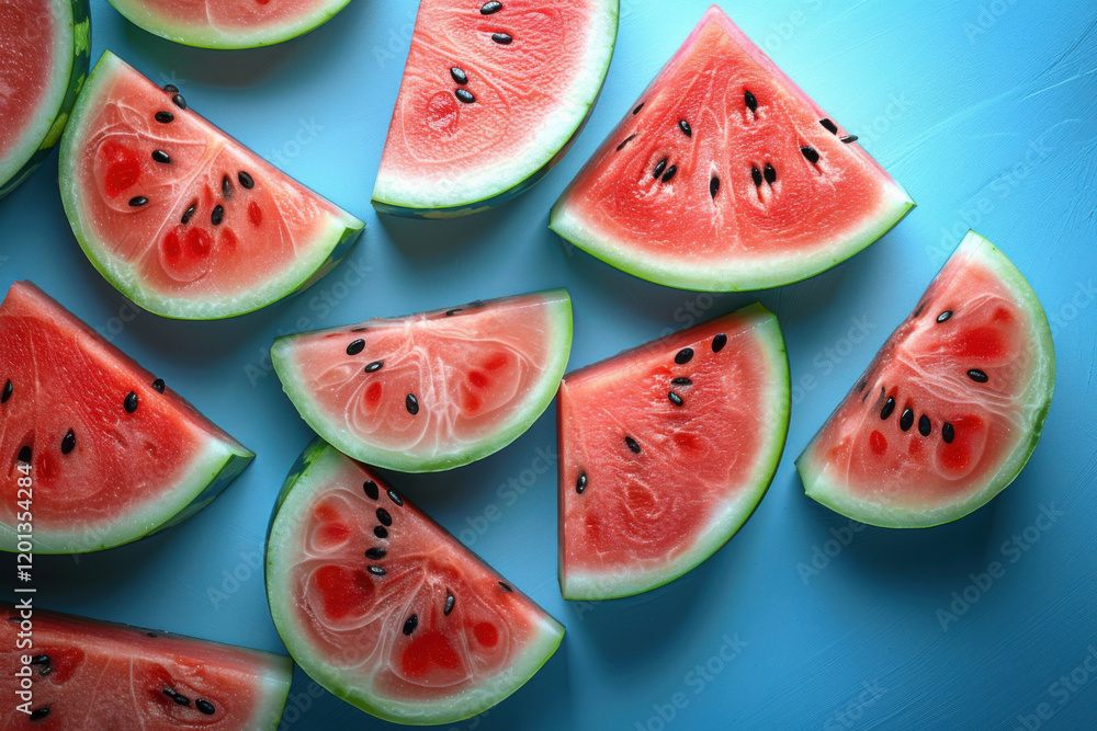 Bright watermelon slices are artistically arranged on a blue background, capturing the essence of summer. The juicy red fruit, surrounded by green rind, adds freshness and texture. Bright watermelon slices are artistically arranged on a blue background, capturing the essence of summer. The juicy red fruit, surrounded by green rind, adds freshness and texture.