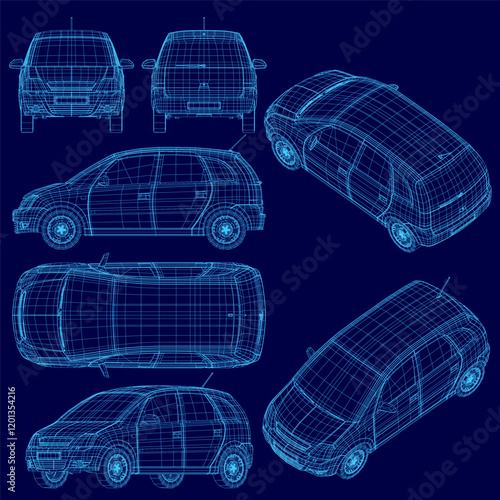 Blue car is shown in different angles. The car is a hatchback and has a small trunk. The car is designed to be compact and easy to park
