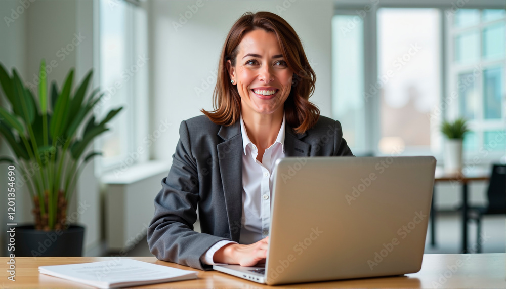 Smiling businesswoman working on laptop in modern office Smiling businesswoman working on laptop in modern office