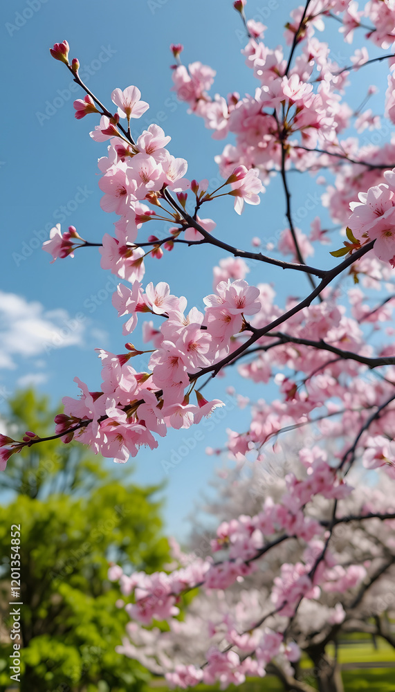 beautiful branches of pink Cherry blossoms on the tree under blue sky, Beautiful Sakura flowers during spring season in the park, 8k, with white tones beautiful branches of pink Cherry blossoms on the tree under blue sky, Beautiful Sakura flowers during spring season in the park, 8k, with white tones