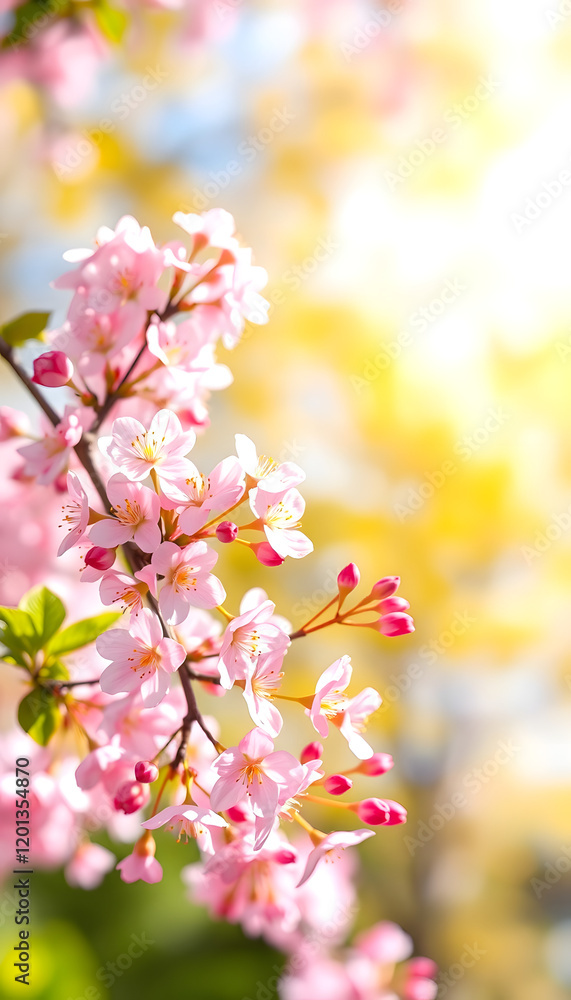 Pink cherry tree blossom flowers blooming in spring, easter time against a natural sunny blurred garden banner background of blue, yellow and white bokeh, enhance Pink cherry tree blossom flowers blooming in spring, easter time against a natural sunny blurred garden banner background of blue, yellow and white bokeh, enhance