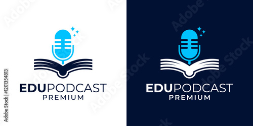Podcast book logo design icon vector template. Podcast education with microphone symbol logo design. Voice musician logo with book, microphone, graduation hat illustration vector graphic.