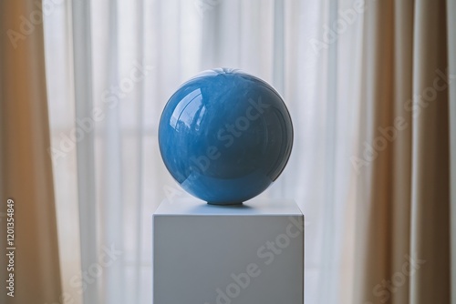 Bright blue sphere atop a minimalistic white pedestal in modern indoor setting