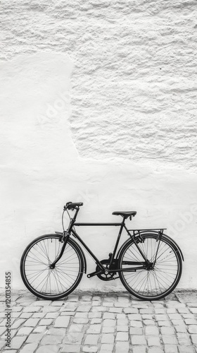 Classic black bicycle parked against a textured white wall on a cobblestone s...