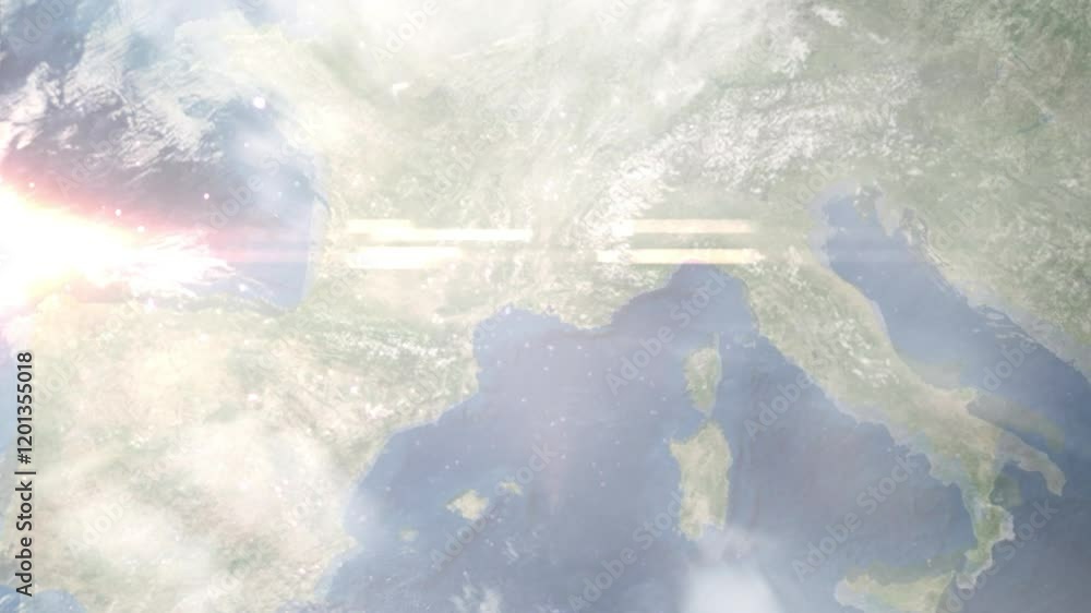 Earth zoom in from space and focus on Istres, France. Background for travel intro or blog. Satellite view. 3D style Animation. Images from NASA.