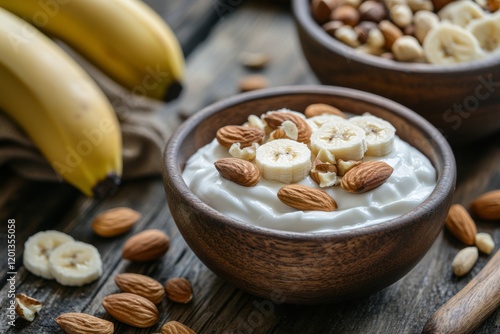 Healthy breakfast bowl with yogurt, bananas, nuts, and a side of fresh fruit ...