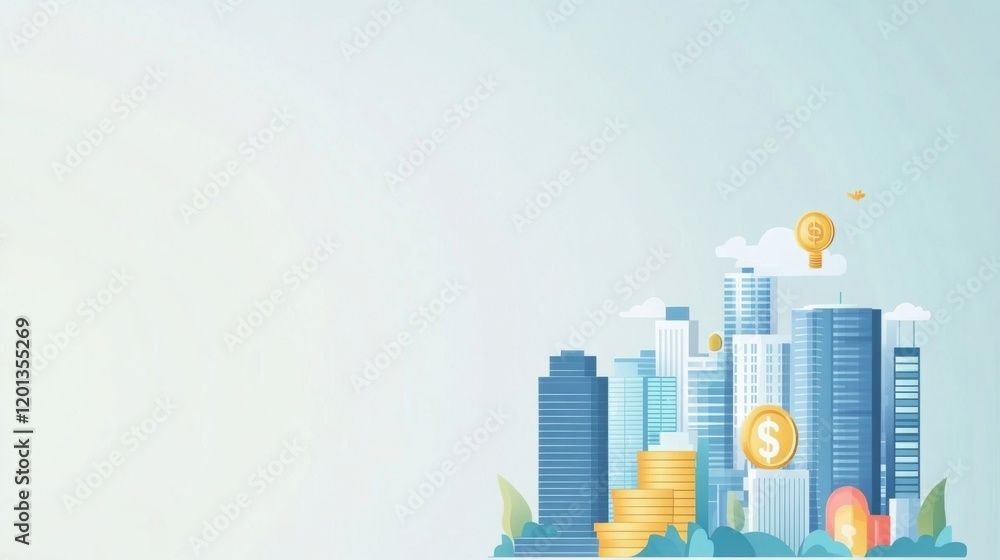 Vibrant Cityscape Featuring Modern Skyscrapers, Financial Growth Symbols, and Gold Coins Illustrating Urban Investment and Prosperity in a Digital Age Vibrant Cityscape Featuring Modern Skyscrapers, Financial Growth Symbols, and Gold Coins Illustrating Urban Investment and Prosperity in a Digital Age