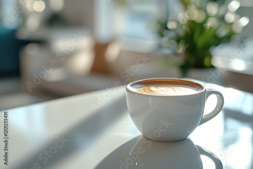 Beautiful latte art in a white cup on a marble table showcasing intricate des...