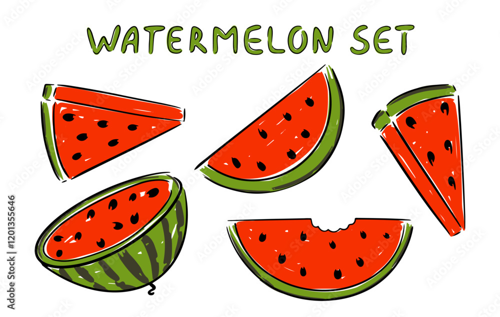 Vector collection watermelon slices and halves set isolated on white background vector illustration Vector collection watermelon slices and halves set isolated on white background vector illustration