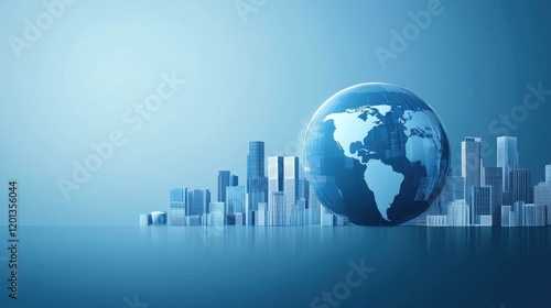 Modern city skyline with a large transparent globe representing global connectivity, urban development, and environmental awareness against a serene blue background photo