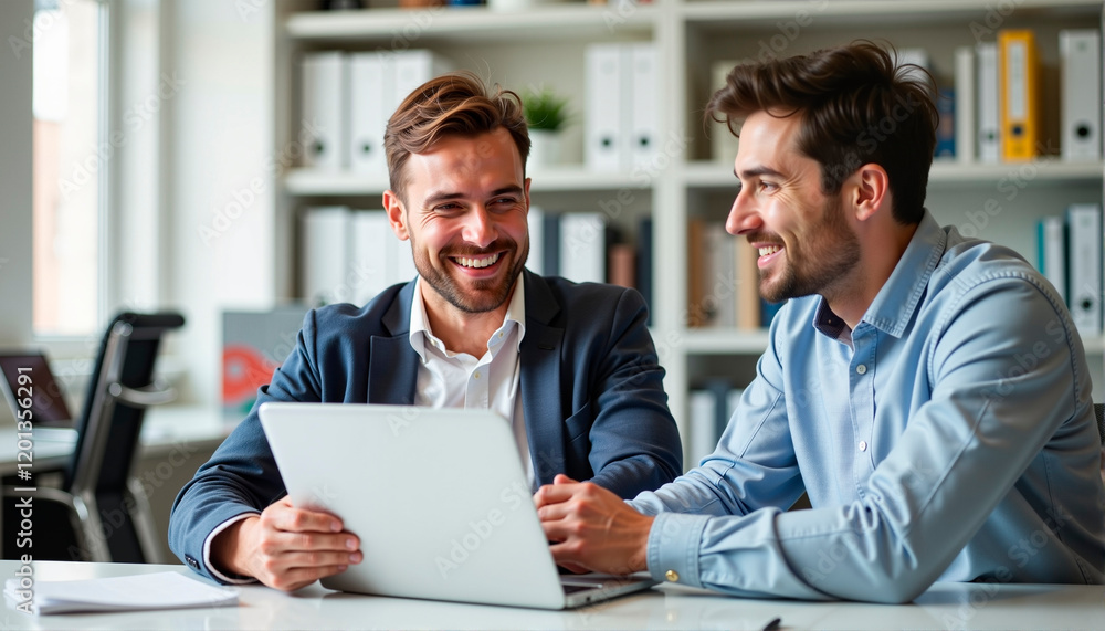 Fototapeta premium Business professionals collaborating and smiling at a laptop