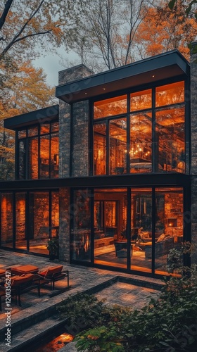 Modern house design surrounded by trees with large windows and outdoor living...