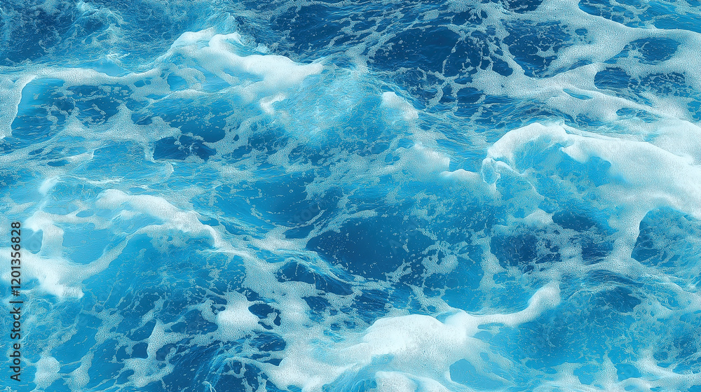 Fototapeta premium Pure blue turquoise water texture of the ocean sea with foam from and waves