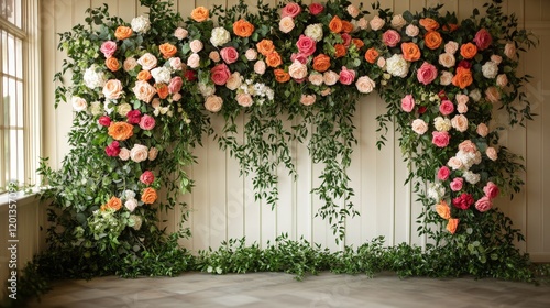 Beautiful Floral Backdrop Featuring Colorful Roses and Greenery for Themed Events and Special Occasions