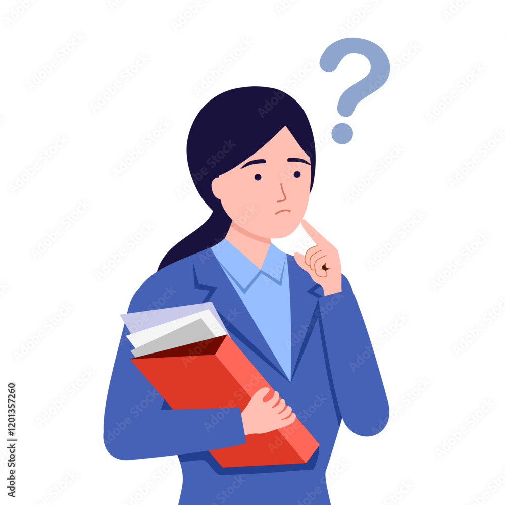 Frustration, doubt and question concept. Young frustrated woman cartoon character feeling doubt with question mark vector illustration Frustration, doubt and question concept. Young frustrated woman cartoon character feeling doubt with question mark vector illustration