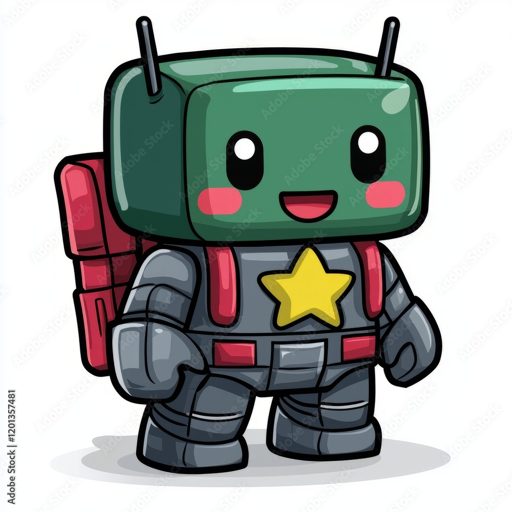 Fototapeta premium Adorable Green Robot With Backpack And Star