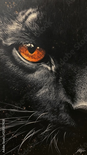 Majestic black cat with striking orange eyes and snowflakes in a dark, enchan...