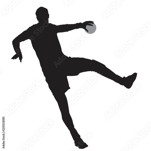 Handball player in action vector illustration isolated on white. Elegant body sport figure. Dynamic athlete boy jump and shooting penalty in goal. Sport man handball attack target shut in jump.