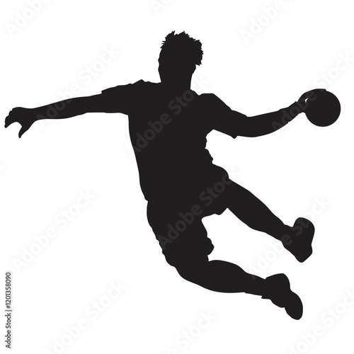 Handball player in action vector illustration isolated on white. Elegant body sport figure. Dynamic athlete boy jump and shooting penalty in goal. Sport man handball attack target shut in jump.