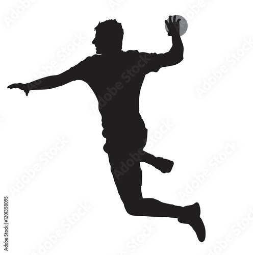 Handball player in action vector illustration isolated on white. Elegant body sport figure. Dynamic athlete boy jump and shooting penalty in goal. Sport man handball attack target shut in jump.