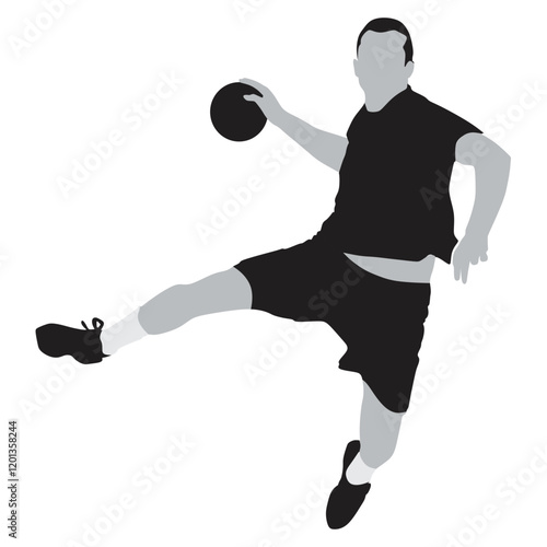 Handball player in action vector illustration isolated on white. Elegant body sport figure. Dynamic athlete boy jump and shooting penalty in goal. Sport man handball attack target shut in jump.