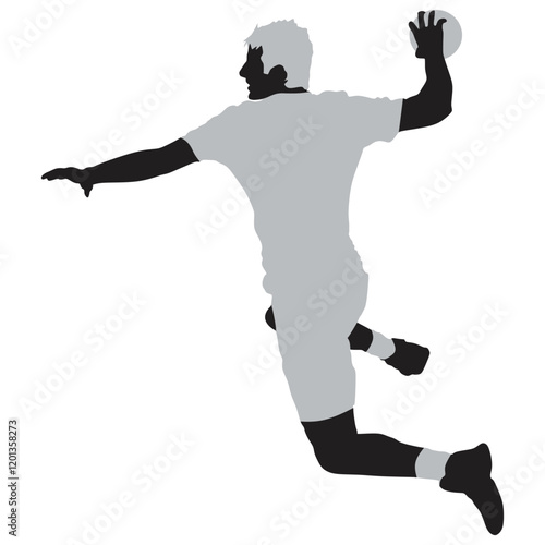 Handball player in action vector illustration isolated on white. Elegant body sport figure. Dynamic athlete boy jump and shooting penalty in goal. Sport man handball attack target shut in jump.