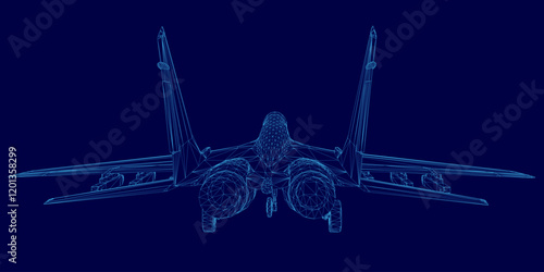 Blue airplane with a blue background. The airplane is in the middle of the image. The image is a computer generated image