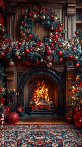 Beautifully decorated Christmas room with festive lights and cozy fireplace g...