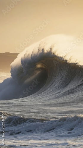 Majestic ocean wave crashing against the shore on a cloudy day